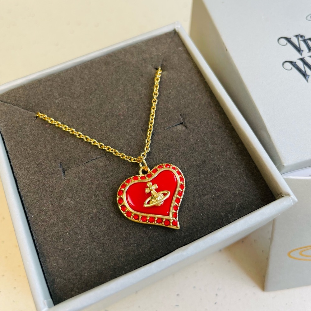 Vivienne Westwood Gold and Red Heart ORB Pendant Necklace
